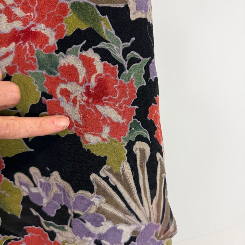 Silk Midi Skirt Vintage Adrianna Papell Size 12 Floral Print High Low Black Red - Picture 5 of 16